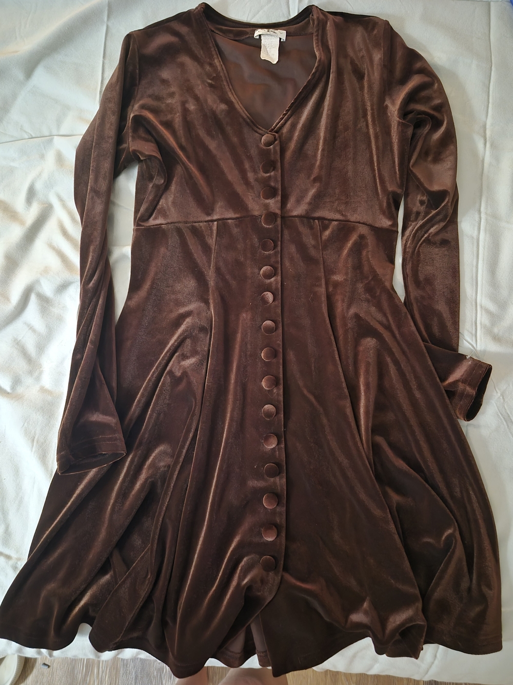 Vintage 1990's Velvet Button-Front Brown Dress